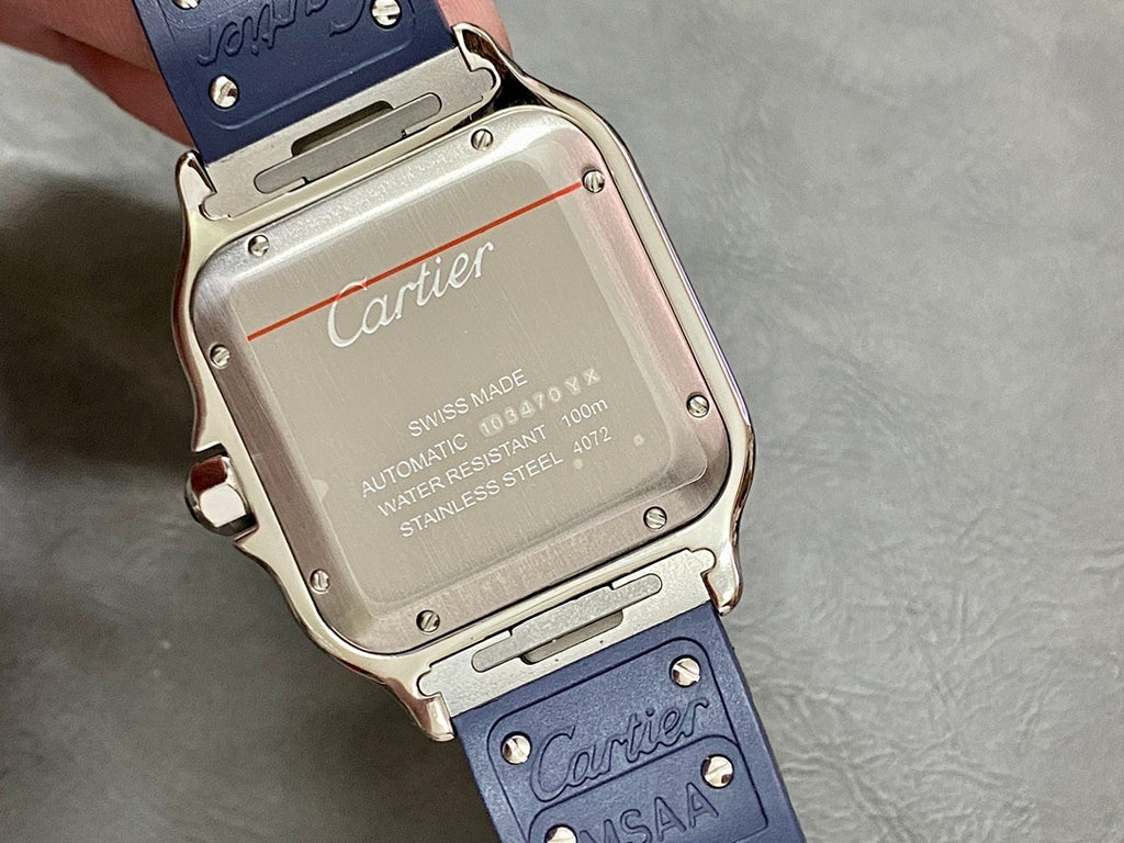 Cartier watch caseback with engravings on stainless steel and blue strap