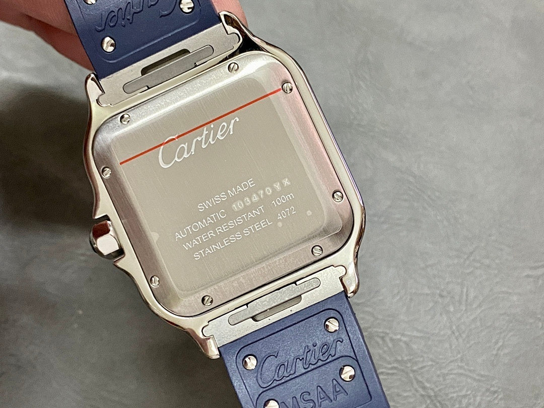 Cartier watch caseback with engravings on stainless steel and blue strap