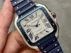 Cartier blue leather watch, roman numeral dial close-up with date window and steel case
