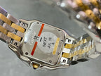 Cartier watch case back with engraved text and metal bracelet clasp