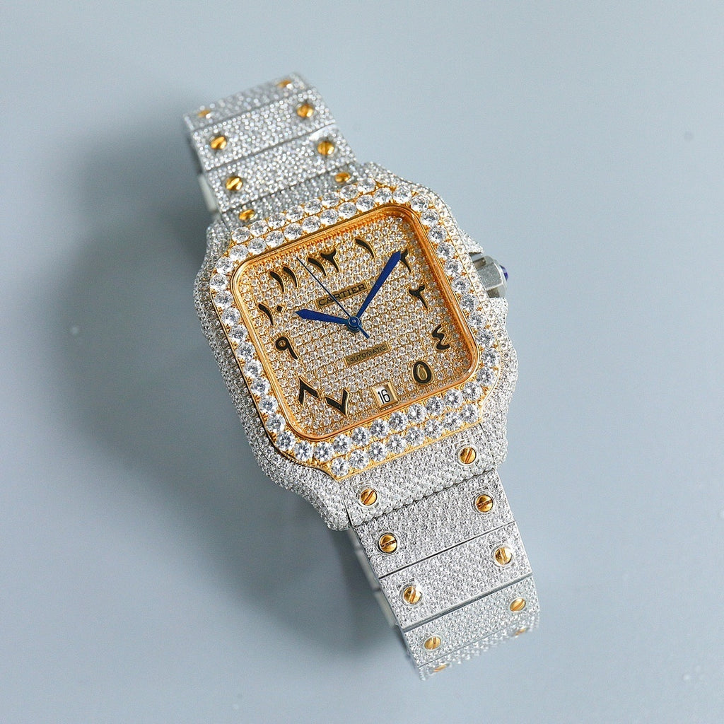 Diamond-set square wristwatch with gold dial, blue hands, silver bracelet with studs