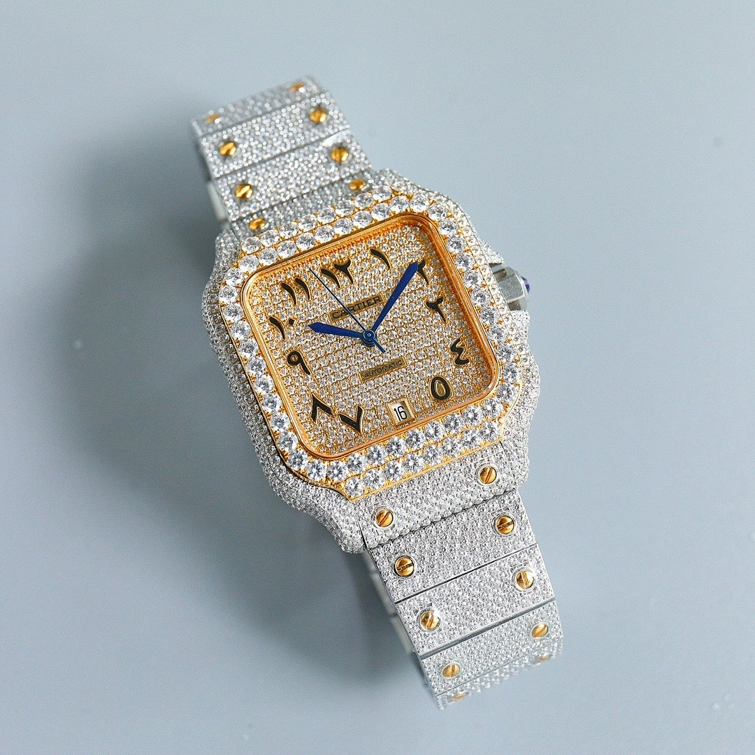 Diamond-set square wristwatch with gold dial, blue hands, silver bracelet with studs