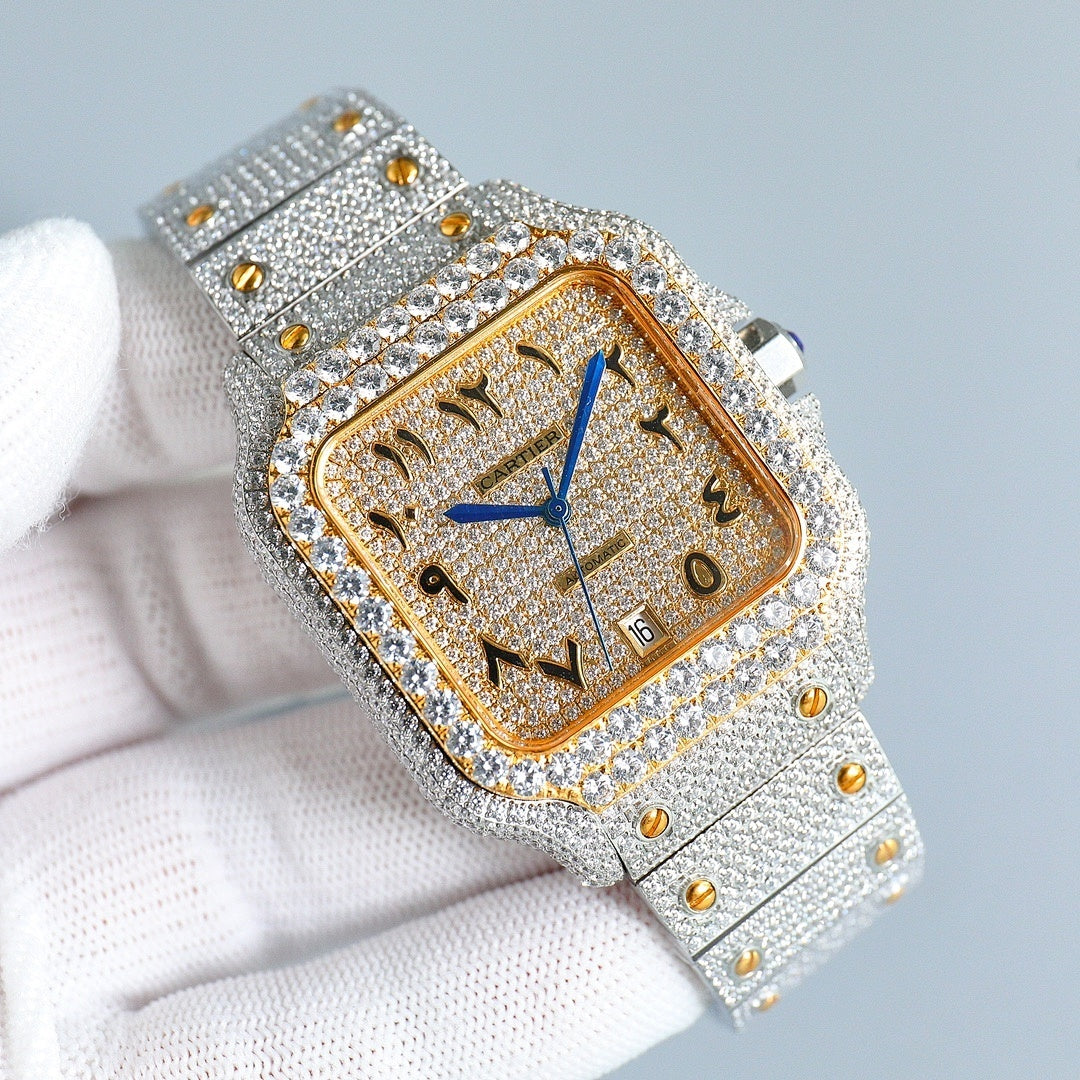 Rectangular wristwatch with diamond frame, gold face, blue hands, silver bracelet strap