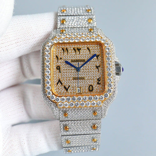 Diamond-set rectangular wristwatch with gold dial, blue hands, silver bracelet strap