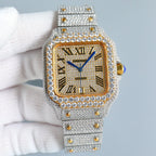 Rectangular diamond wristwatch with gold dial, Roman numerals, silver bracelet strap