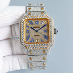Diamond-set rectangular wristwatch with gold dial, blue hands, silver bracelet with gold details