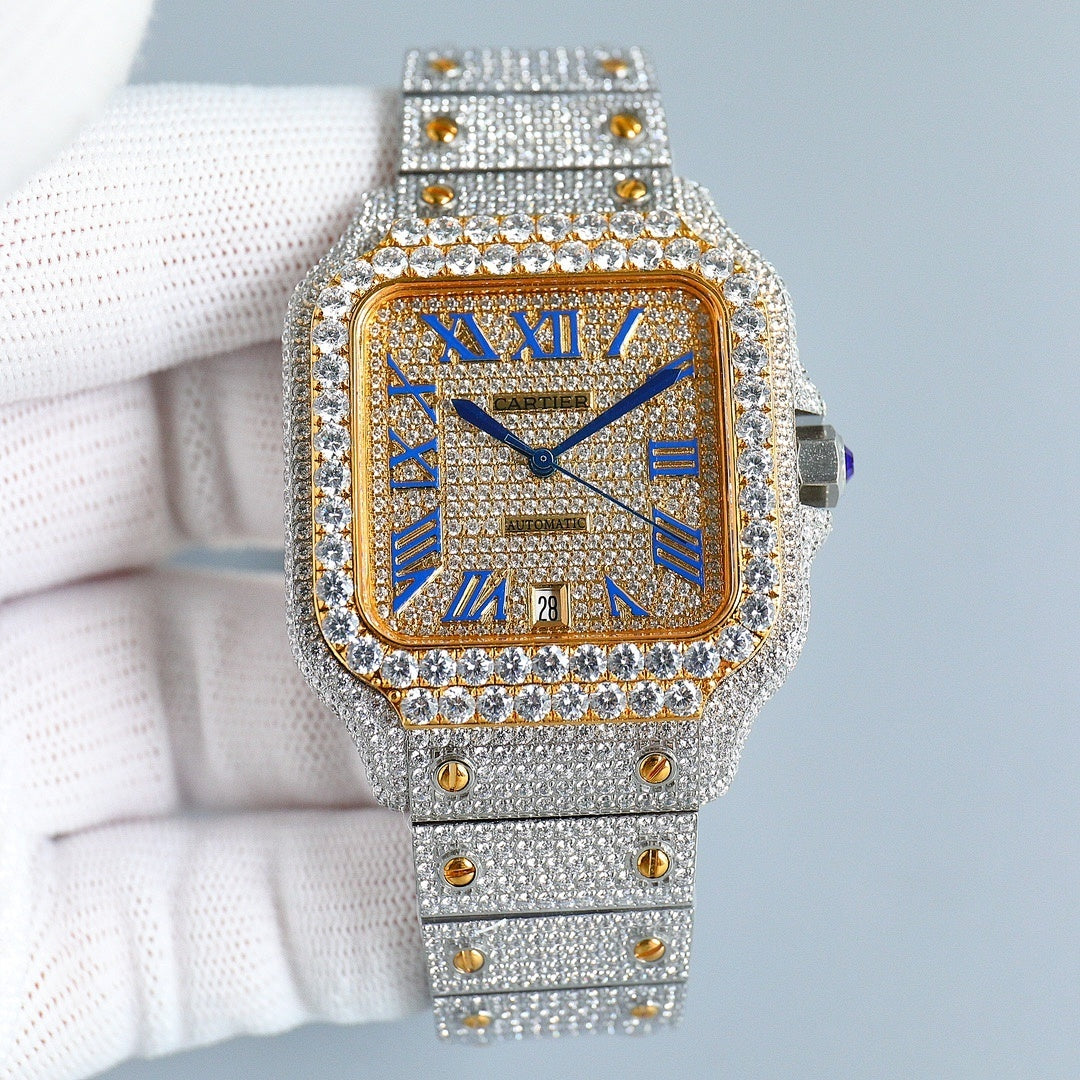 Diamond-set rectangular wristwatch with gold dial, blue hands, silver bracelet with gold details