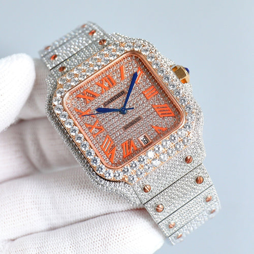Cartier watch angled, rose-gold dial with Roman numerals, blue hands, jeweled silver band.