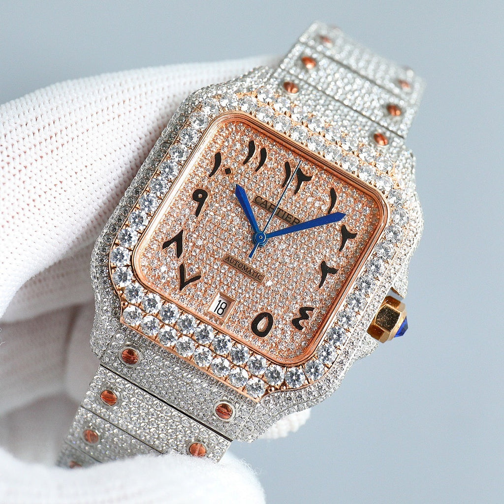 Cartier watch front angled, rose-gold dial, Roman numerals, blue hands, jeweled silver strap.