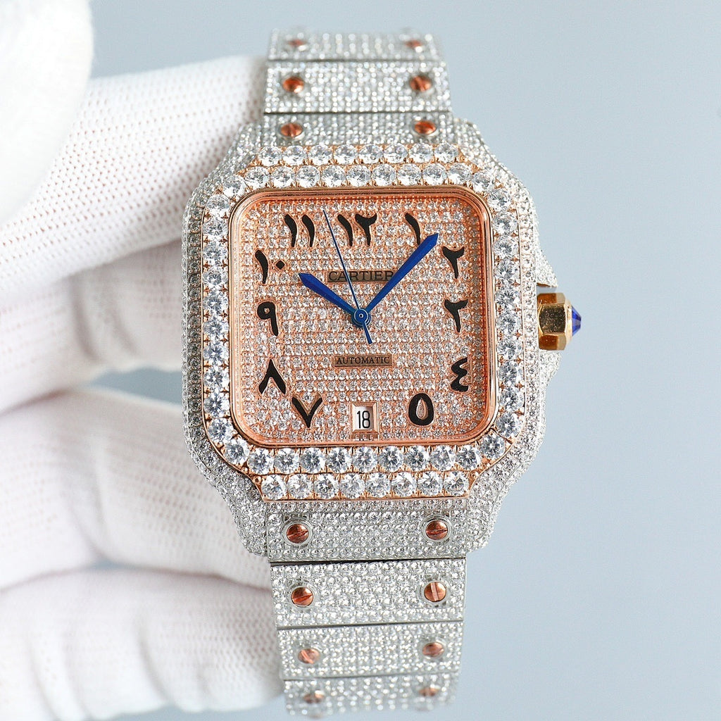 Cartier watch, diamond bezel, rose-gold dial, blue hands, jeweled silver bracelet.
