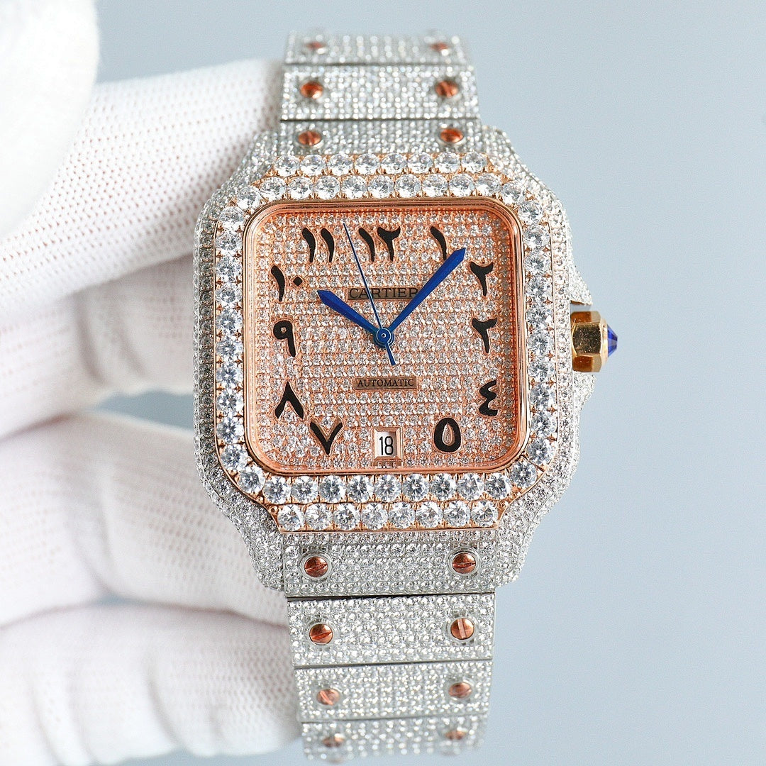 Cartier watch, diamond bezel, rose-gold dial, blue hands, jeweled silver bracelet.