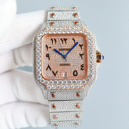 Cartier watch, diamond bezel, rose-gold dial, blue hands, jeweled silver bracelet.