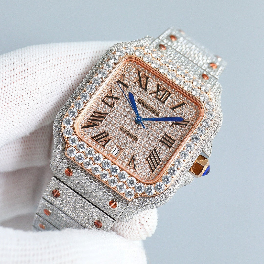 Cartier watch front close, rose-gold dial with Roman numerals, blue hands, diamond bezel.