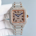 Cartier watch front view, Roman numerals on rose-gold dial, blue hands, silver diamond strap.