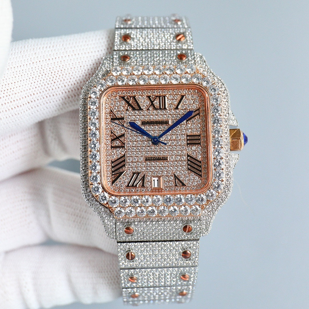 Cartier watch front view, Roman numerals on rose-gold dial, blue hands, silver diamond strap.