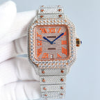 Cartier watch front view, rose-gold dial, blue hands, diamond bezel, silver bracelet.