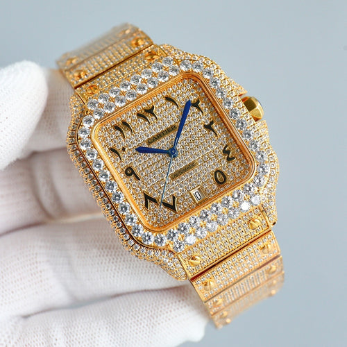 Cartier diamond square wristwatch, blue hands and Roman numerals on textured gold dial, gold link band