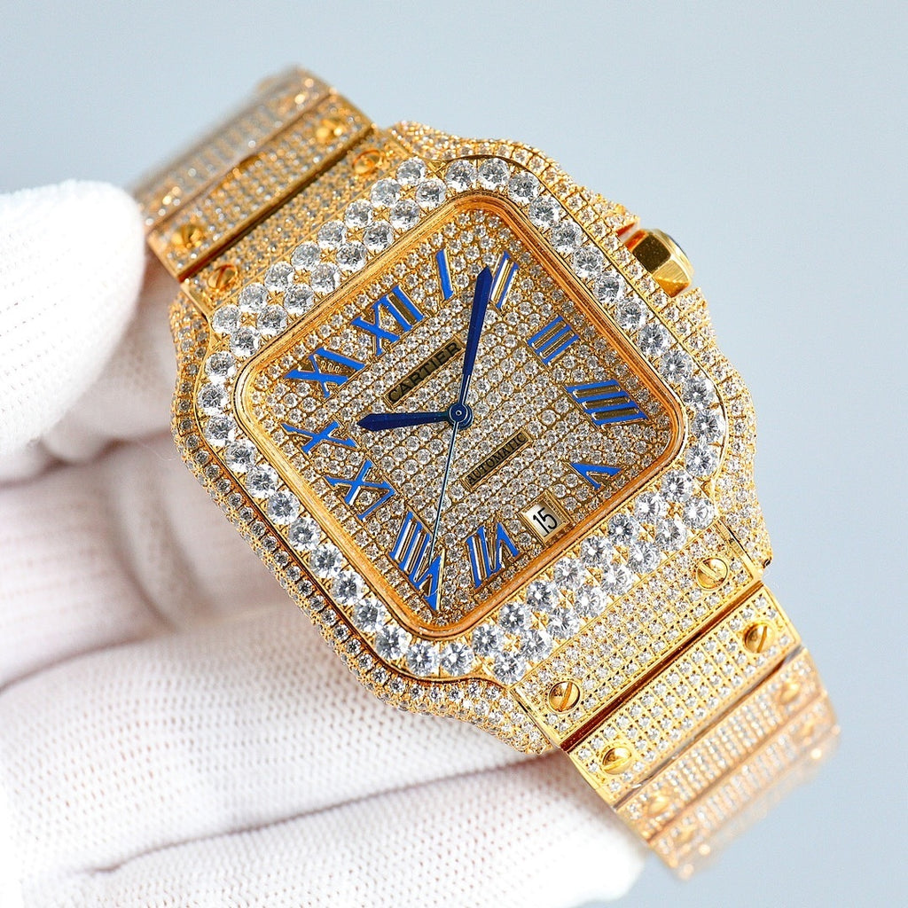 Cartier square wristwatch at angle with blue hands, Roman numerals, and diamond bezel on gold dial