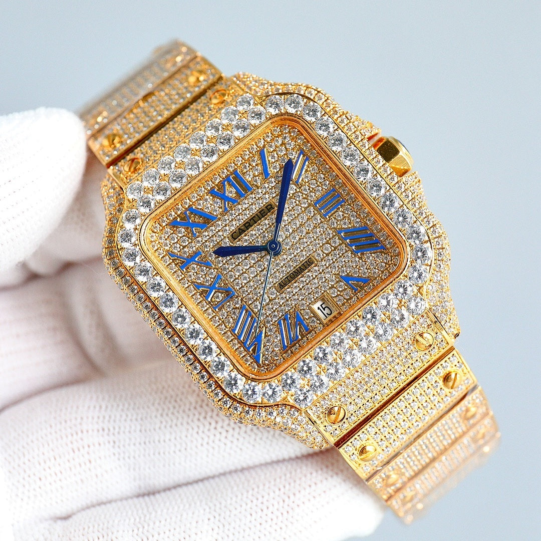 Cartier square wristwatch at angle with blue hands, Roman numerals, and diamond bezel on gold dial