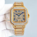 Cartier diamond bezel square wristwatch with blue Roman numerals, blue hands, gold bracelet