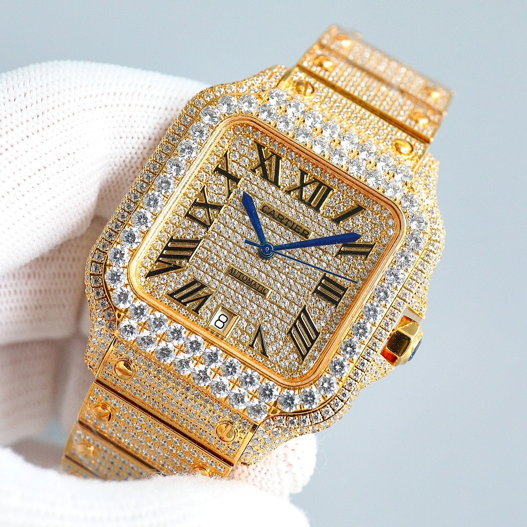 Cartier square wristwatch close-up showing blue Roman numerals, diamond bezel, and gold case outline
