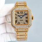 Cartier square wristwatch front view with blue hands, Roman numerals, and diamond accents on gold bracelet
