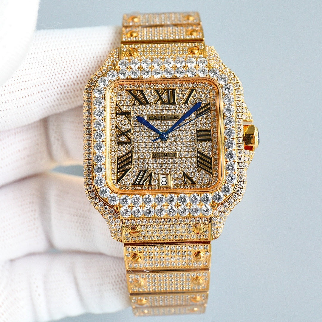 Cartier square wristwatch front view with blue hands, Roman numerals, and diamond accents on gold bracelet