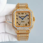 Cartier diamond square wristwatch with blue hands, Roman numerals, and gold bracelet links