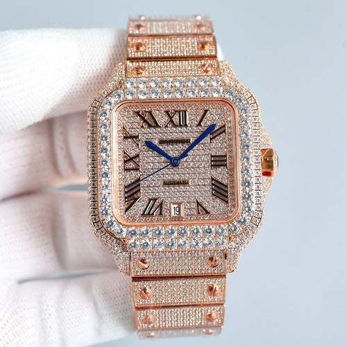 Cartier rose-gold diamond watch with rectangular dial, blue hands, Roman numerals