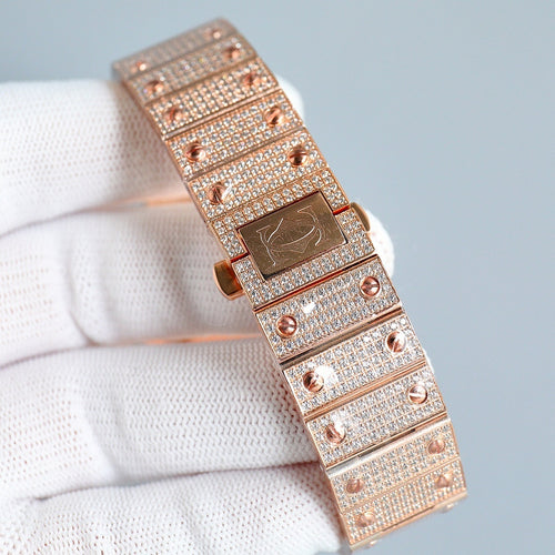 Cartier rose-gold diamond watch bracelet with jeweled links and clasp, side view