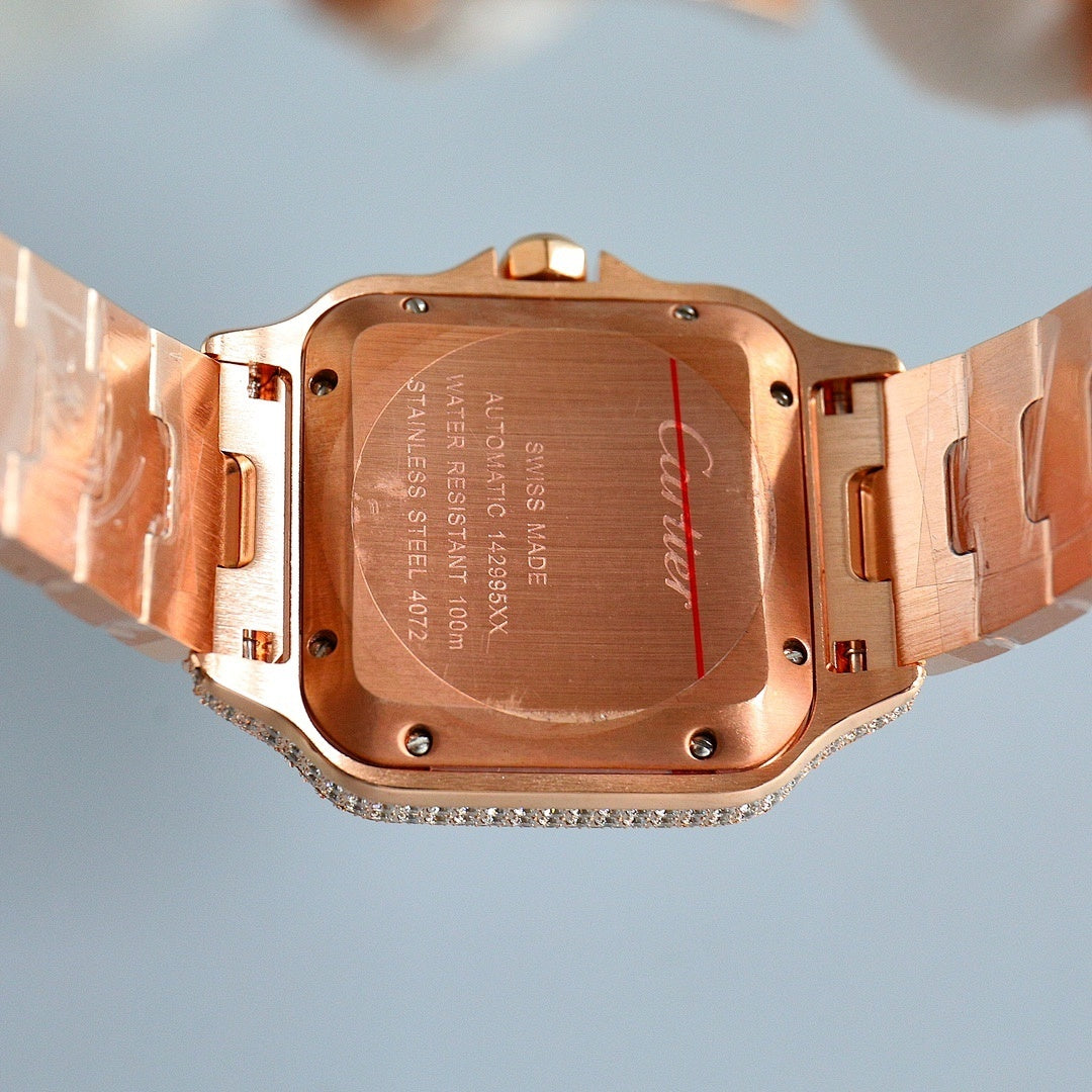 Cartier rose-gold diamond watch case back with engraved plate and linked bracelet