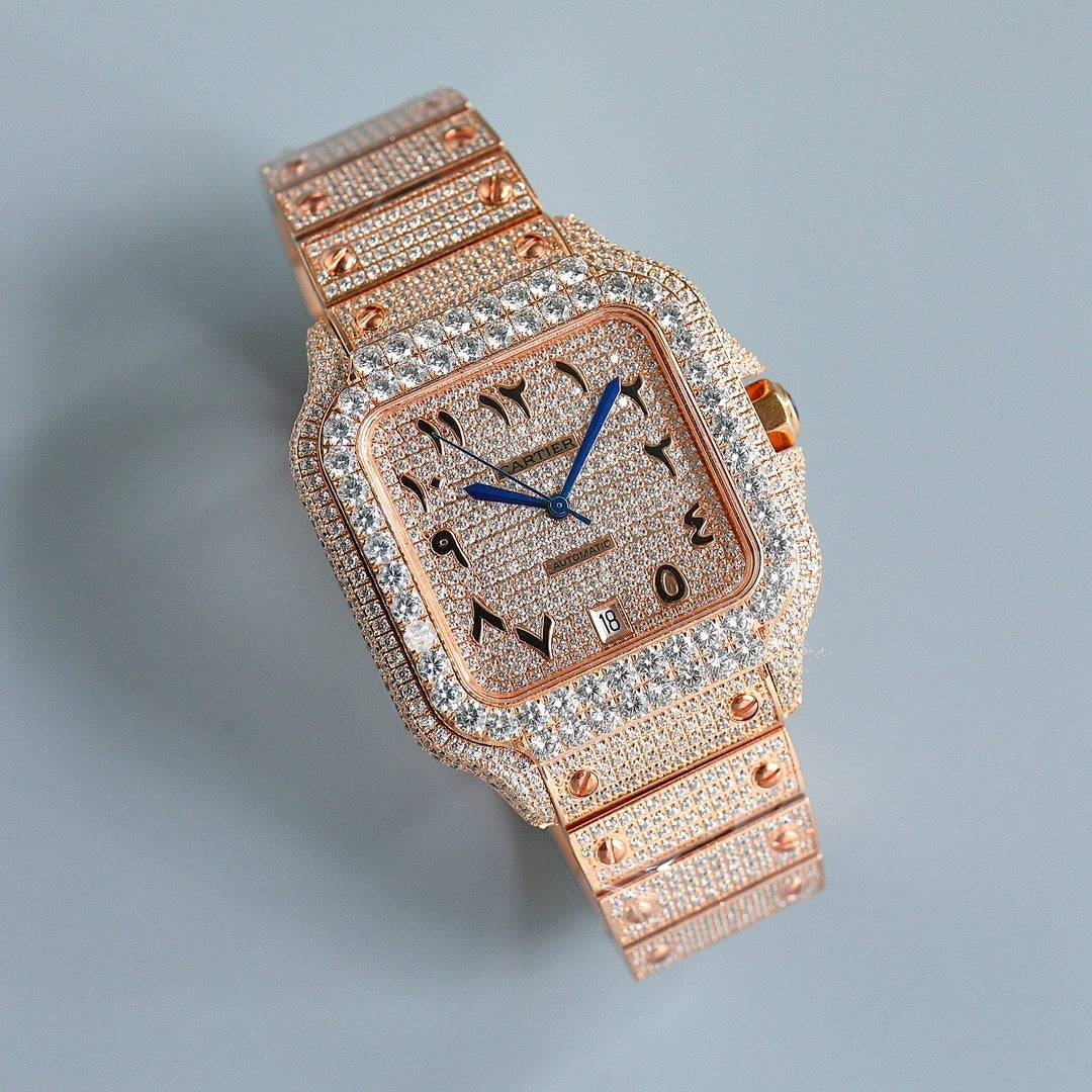 Cartier rose-gold diamond watch with sparkling bezel, Roman numeral dial and blue hands