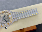 Square diamond watch case with studded links and gold button accents on strap