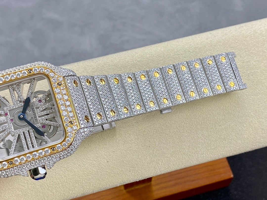 Square diamond watch case with studded links and gold button accents on strap