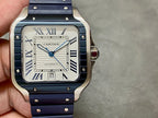 Cartier men’s watch with silver case, white face, Roman numerals, blue leather strap