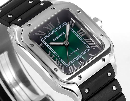 Cartier watch with black rubber strap and green dial, silver-toned square case.