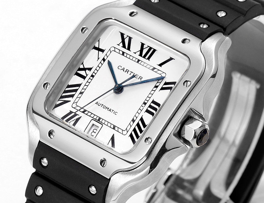 Cartier watch with black rubber strap, silver-toned square case, white dial and roman numerals.