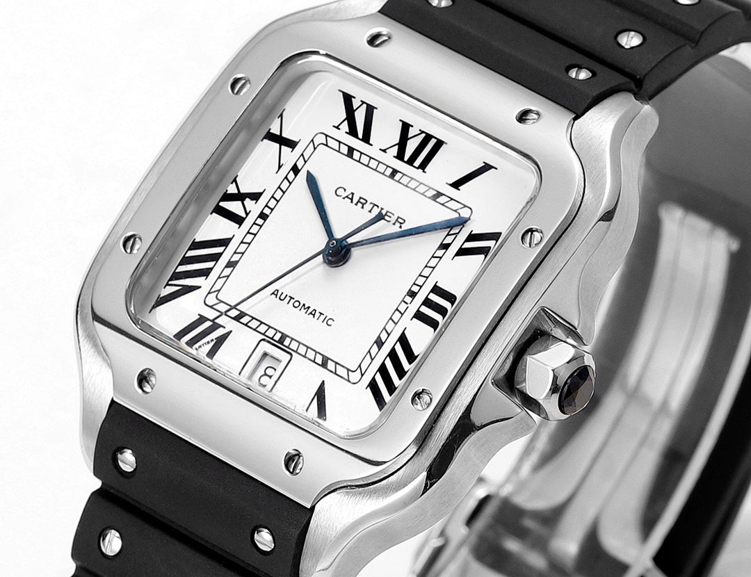 Cartier watch with black rubber strap, silver-toned square case, white dial and roman numerals.