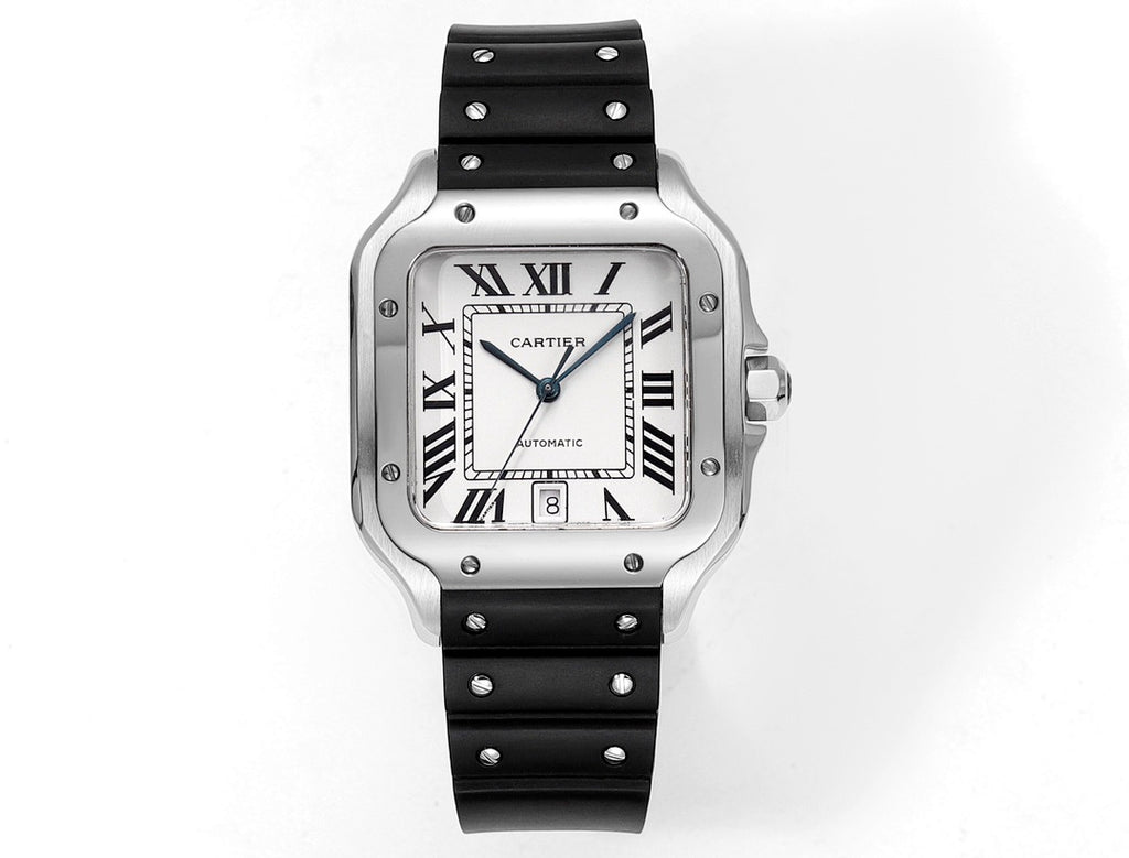 Cartier watch with black rubber strap, silver-toned square case, roman numeral dial.