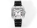 Cartier watch with black rubber strap, silver-toned square case, roman numeral dial.