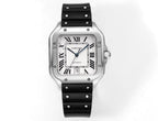 Cartier watch with black rubber strap, silver-toned square case, roman numeral dial.