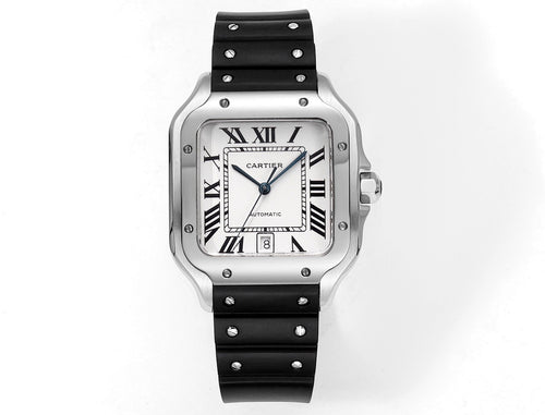 Cartier watch with black rubber strap, silver-toned square case, roman numeral dial.