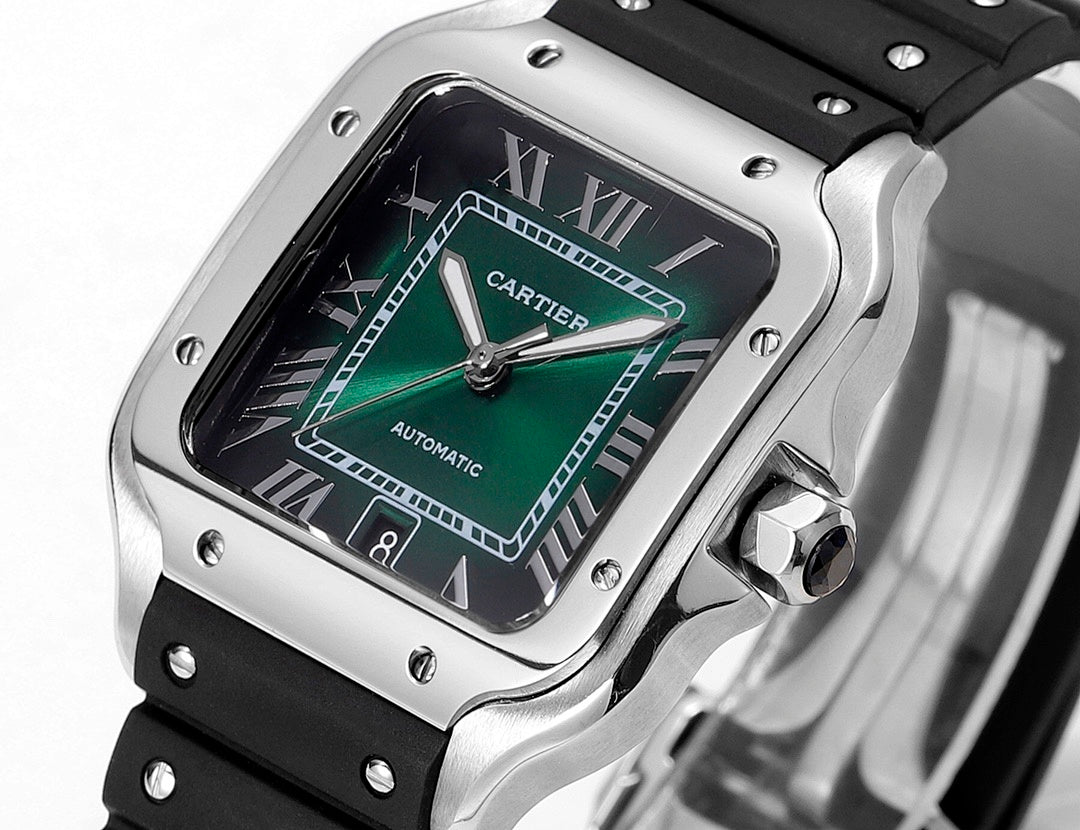Cartier watch with black rubber strap, silver-toned square case, dark dial with green accents.