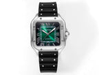 Cartier watch with black rubber strap, silver-toned case, green-trim dial and roman numerals.