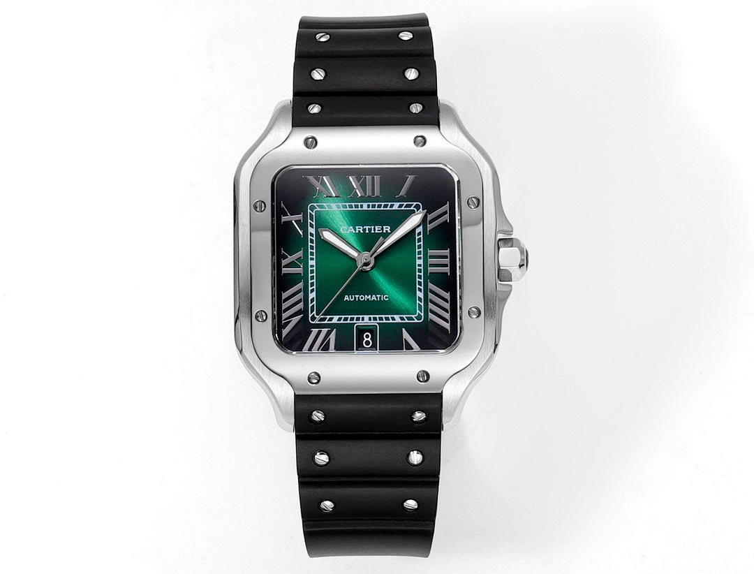 Cartier watch with black rubber strap, silver-toned case, green-trim dial and roman numerals.
