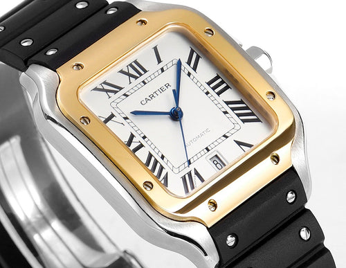 Cartier watch close-up with gold-tone case bezel, white Roman dial, blue hands, black strap.