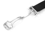 Cartier watch strap buckle with silver-tone clasp and black rubber strap.