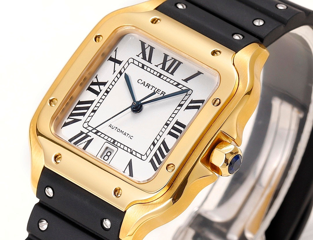 Cartier watch angled view with gold-tone case, white Roman dial, blue hands, black strap.