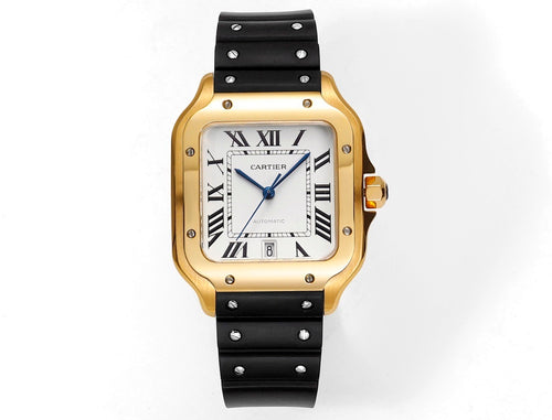 Cartier watch with black rubber strap and gold-tone square case, Roman dial and blue hands.