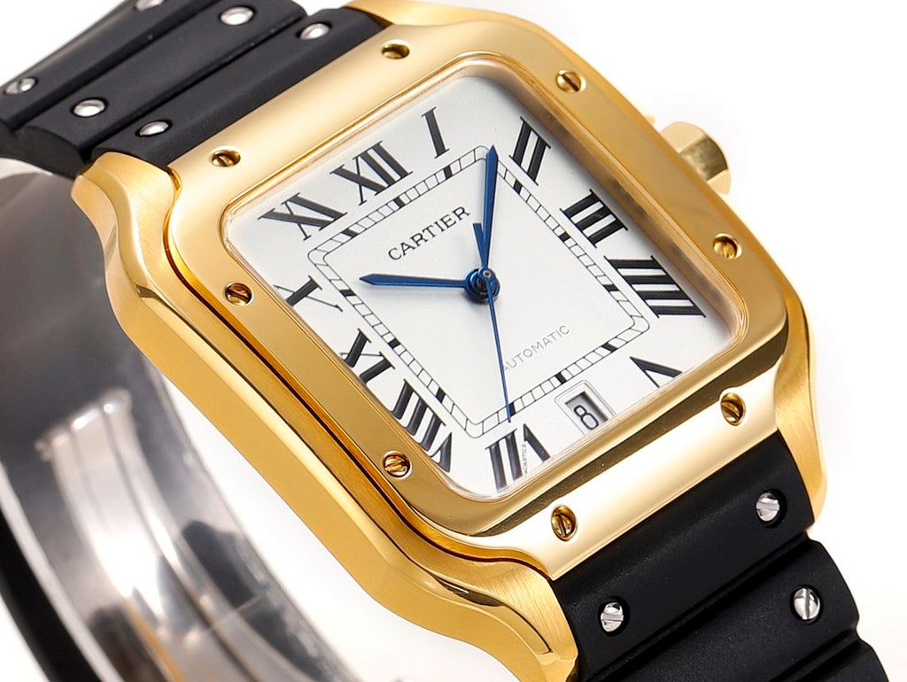 Cartier watch close-up with gold-tone square case, white Roman dial, blue hands, black strap.